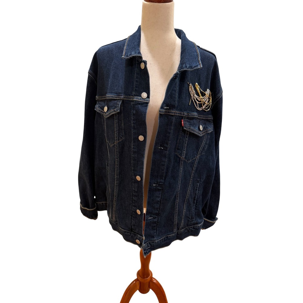 Levis Custom Hand Painted "As Above So Below" Denim Trucker Jacket XL Dark Wash